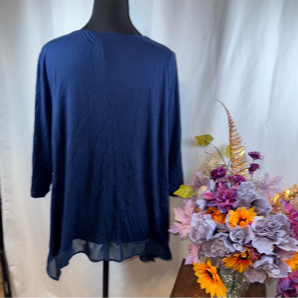French Blue PXL Boho Embellished Navy Tunic Sheer Hem Long Sleeve - Picture 4 of 8
